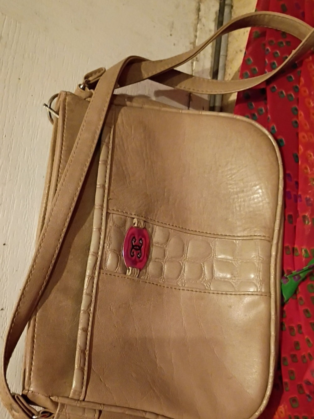 Beige Crossbody Shoulder Bag with Pink Accent